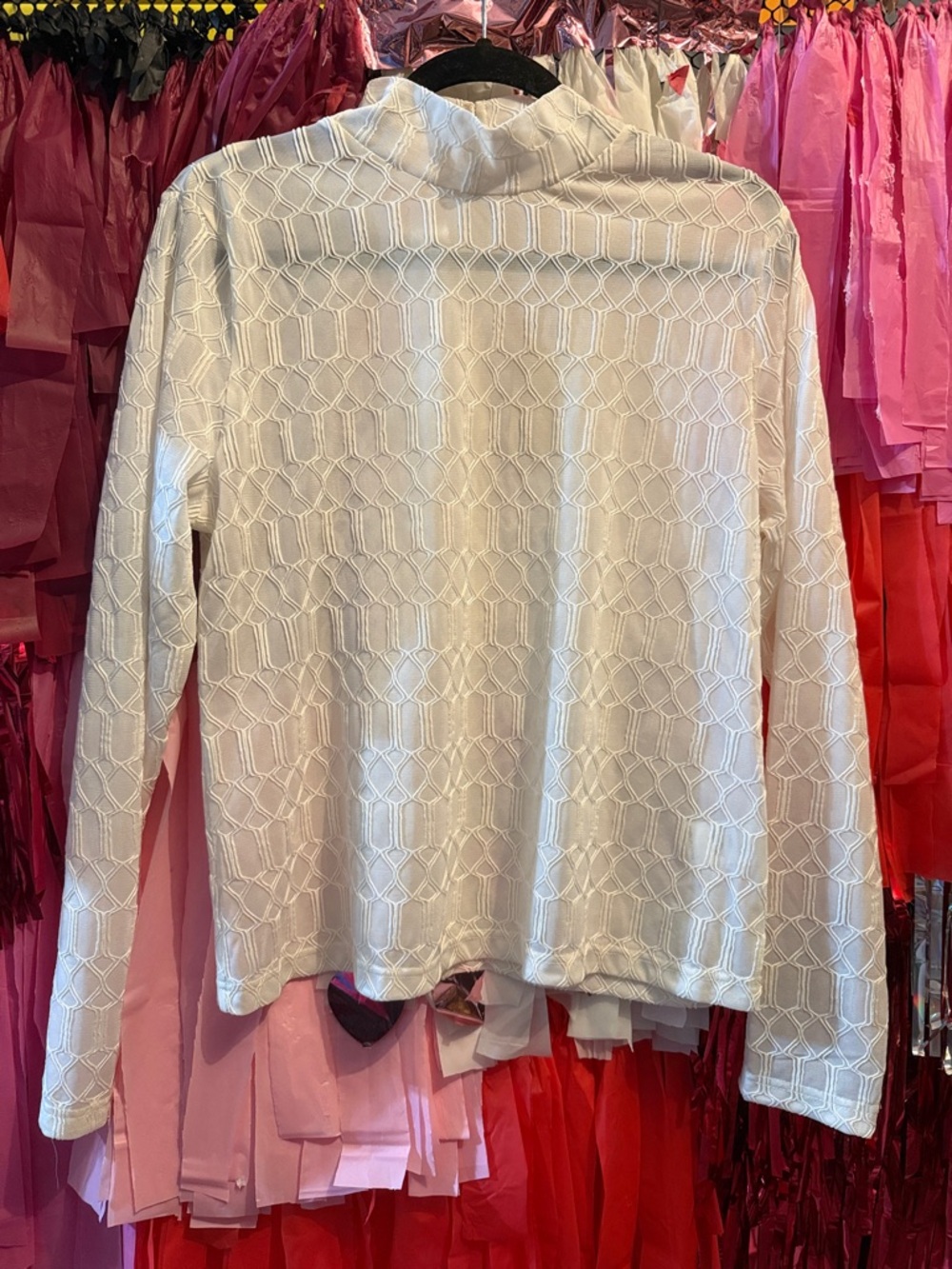 NWT White Geometric Texture sheer Mock Neck Long-Sleeve Top